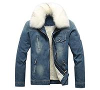 SWJGLITTR Herren-Jeansjacke mit Pelzkragen, Sherpa-Futter, Distressed Denim, Trucker-Jacke, Herren, Winter, warm, Kunstfell, Jeansmantel, Blau 1 , XL