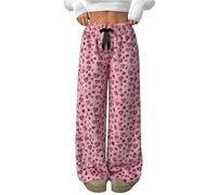 SWOAMER Damen Flanell Schlafanzughose Dick Schlafhose Oversize Pyjamahose Y2k Flauschig Freizeithose Hoch Taillierte Kuschelhose Pink-Herz-Leo-Schleife S