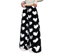 SWOAMER Damen Flanell Schlafanzughose Dick Schlafhose Oversize Pyjamahose Y2k Flauschig Freizeithose Hoch Taillierte Kuschelhose Weiß-Herz Schleife M