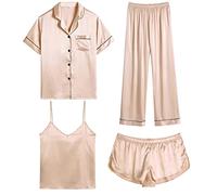 SWOMOG Damen Schlafanzug Satin Kurz 4 Stück Knopfleiste Pyjama Sexy Cami Weste and Shorts Nachtwäsche Set Sleepwear