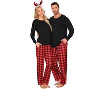 SWOMOG Passender Weihnachtspyjama für Paare langärmelig Familiennachtwäsche Buffalo Plaid Pyjama-Hose mit Taschen Damen und Herren Schwarz XXL