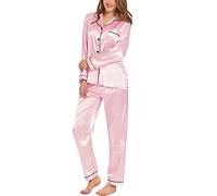 SWOMOG Pyjama Damen Satin Lang Button Down Schlafanzug Silk Nachtwäsche mit Knopfleiste Zweiteiliger Seide Pjs Sets Frauen Loungewear