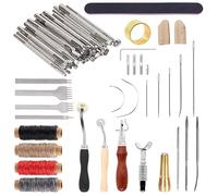 Swpeet 53 Stück Lederwerkzeug, Leder-Set mit Lederstempelwerkzeug, Drehmesser, Rillenrad, Leder Nähnadeln, 7-in-1 verstellbare Nähen, Grobwerkzeug, flache Meißel, gerade/Haken Nadeln