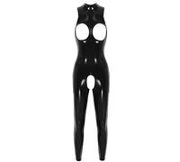 Sxiwei Damen Wetlook Jumpsuit Lackleder Body Offener Schritt Catsuit Ganzkörperanzug Holographische Bodysuit Overall Exklusives Clubwear Schwarz S