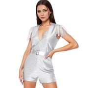 Sxiwei Jumpsuit Damen Elegant Playsuit V-Ausschnitt Einteilig Und Glitzer-overalls Mit Fransen Party-overall Hochzeit Braut Hochzeit Elegant Overalls Romper Zum Tanzen Silber M