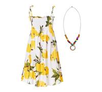 Sxiwei Mädchen Sommer Kleid Boho Blumendruck Midi Trägerkleid Ärmellos A-Linie Prinzessin Faltenkleid Strandkleid Freizeitkleid Typ A 128-140