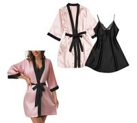 SXQCKJ Damen Sexy Satin Bademantel mit Spitze, Camisole Pyjama Kleid, 2 teilig, Lässige Loungewear, Pyjama Sets(M)