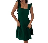 SXQCKJ Damenkleid mit quadratischem Ausschnitt, Rüschenärmeln und Schleife, rückenfreies Minikleid(Green,S)