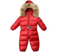 SXSHUN Baby/Säugling Jungen Mädchen Cool Daunen Schneeanzug Winter Overall Verdickt Spielanzug Schneeoverall Stepp-Strampler Einteiler Outfit mit Fellkapuze, Rot, 98, SXL28SHUN70R10, 92-98