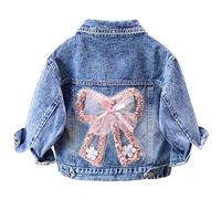 SXSHUN Kinder Jeansjacke Mädchen Jeans Jacke mit Bestickten Blumen Denim Jacket Süß Kinderjacke mit Schleife Outdoor Cowboy Mantel, Rose+Schleife, 122-128