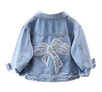 SXSHUN Kinder Jeansjacke Mädchen Jeans Jacke mit Bestickten Blumen Denim Jacket Süß Kinderjacke mit Schleife Outdoor Cowboy Mantel, Blau+Schmetterling 2, 86-92