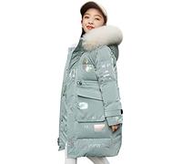 SXSHUN Kinder Mädchen Langer Daunenjacke mit Großer Pelzkragen Warm Winterjacke Wintermantel Verdickte Kapuzenparka Schön Outdoorjacke mit Beschriftung, Grün, 152-158