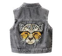 SXSHUN Kinder Weste Jungen Jeansjacke Mädchen Denim Jacke mit Cartoon Leopardenmuster Ärmellose Kinderjacke Outdoorjacke Frühling und Herbst, Schwarz, 134-140