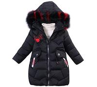 SXSHUN Mädchen Winterjacke mit Abnehmenbarer Fellkapuze Kinder Wintermantel Kälteschutz Warm Verdickte Daunenjacke Daunenmantel Parka, Schwarz, 116 (Etikettengröße:L)