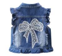SXSHUN Weste Mädchen Jeansweste Kinder Jeans Jacke mit Erdbeer Muster Denim Jacket mit Krone Outdoor Kinderjacke Ärmellose Mantel Frühling und Herbst, Blau+Schmetterling, 122-128
