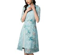 SXTYYH Ao Dai Vietnamesisches Kleid Chinesisch Traditionelles Hanfu Kleid Damen Chiffon Stickerei Qipao Sommer Cheongsam-Kleid(Blau,4XL)