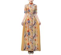 SXTYYH Lang Verbesserung Vietnam-Damenkleid Ao Dai Traditionelles Kleid for Frauen Chinesisch Cheongsam Hanfu-Kleid Elegant Qipao(S,Almond)