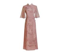 SXTYYH Traditionelles Ao Dai Vietnamesisches Kleid for Frauen Rosa Sommer Chinesischer Stil Schlank Qipao Hanfu Kleid Damen Verbessern Mode Druck Cheongsam-Kleid(L)