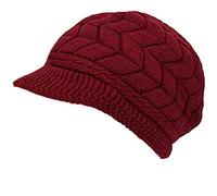 SYAYA WS-H2 Damen-Wollmütze, Strickmütze mit Krempe und warmem Fleece-Futter für Schnee, Ski, kaltes Wetter, Winter, tiefes rot, Einheitsgröße-M