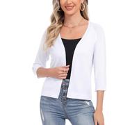 Sykooria Damen Bolero 3/4 Ärmel Strickjacke Kurz Cardigan Open Front V Ausschnitt Stricken Jäckchen Elegante Bolerojacke Kurzjacke, Weiß XXL