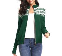 Sykooria Damen Weihnachts Strickjacke Winter Warm Full Zip Weihnachten Cardigan Pullover Casual Norwegermuster Weihnachtsstrickjacke, Grün XL