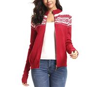 Sykooria Damen Weihnachts Strickjacke Winter Warm Full Zip Weihnachten Cardigan Pullover Casual Norwegermuster Weihnachtsstrickjacke, Rot XL