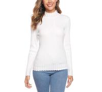 Sykooria Feinstrickpullover Damen Langarm Strickpullover Rundhals Mock Neck Elegant Rollkragenpullover Solide Pullover Basis Winterpullover für Herbst Winter Weiß M