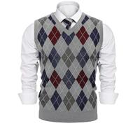 Sykooria Herren Ärmellose Strickweste Kariert Argyle V-Ausschnitt Pullunder Aus Baumwolle Slim Fit Gestrickt Herbst Winter Pullover Business für Männer, 4-Dunkelgrau M