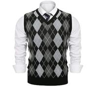 Sykooria Herren Ärmellose Strickweste Kariert Argyle V-Ausschnitt Pullunder Aus Baumwolle Slim Fit Gestrickt Herbst Winter Pullover Business für Männer, 4-Schwarz Grau M