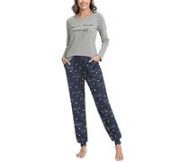 Sykooria Schlafanzug Damen Lang aus Baumwolle Langarm V-Ausschnitt Kontrastkante Design Zweiteilige Pyjama Damen Set Oberteile & Pyjamahosen, A-DBG, XXL