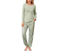 Sykooria Schlafanzug Damen Lang aus Baumwolle Langarm V-Ausschnitt Kontrastkante Design Zweiteilige Pyjama Damen Set Oberteile & Pyjamahosen, A-Hellgrün, XXL