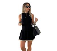 SYLDMKJ Damenkleider Women's Dresses Damenfarbe Blockierende Stricke O-Neck Mini-Kleider Elegant Ärmellose Hohe Taillenfaltenkleider-Schwarz-M