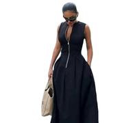 SYLDMKJ Damenkleider Women's Dresses O-Gar Ärmelloses Langkleid Frauen Mode Hohe Taille Reißverschluss Kleider Büro Büro Dame Pendelroben-Schwarz-L