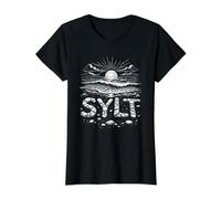 Sylt Nordsee Inselmotiv mit Wellen und Sonnenuntergang Preisgünstiges Grafik-T-Shirt, Damen, Schwarz, XL