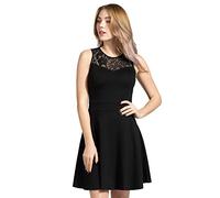 Sylvestidoso Damen A-Linie kurzes ärmelloses schwarzes Abend Cocktail Party Faltenkleid mit floraler Blütenspitze (M, Schwarze Spitze)