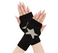Symphonyw Stern Gedruckt Fingerlose Handschuhe, 1 Paar Y2K Halbfinger Handschuhe mit Daumenloch Winter Gestrickt Warme Handschuhe für Männer Frauen (Schwarz)