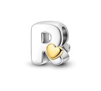 Symretie Damen Buchstabe R Charm Anhänger in 925 Sterlingsilber mit goldenem Herzmuster, kompatibel mit Pandora sowie europäischen Armbändern und Halsketten, passend für Frauen und Mädchen.