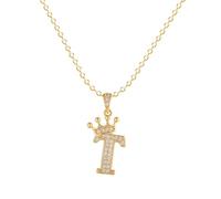 Symretie Damen Kette mit Buchstaben T 14K Gold Vergoldet Halskette mit Kronen Initialien Goldene Edelstahl Zirkonia Buchstabenkette