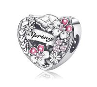 Symretie Herz Charms Anhänger 925 Sterling Silber Frühling Pfirsichblüte Bead Blume Charms Kompatibel mit Europäischen Armbändern und Halskette für Frauen Mädchen