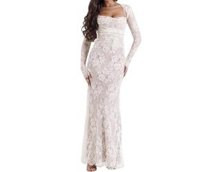 SYNHSWHN Kleid, Maxikleid, 2-teiliges Korsett, Capelet, Blumenmuster, weiches Netzgewebe, sexy Abendkleid, Schal, Kordelzug, Spitze, Korsett, Maxikleid, weiß, X-Small