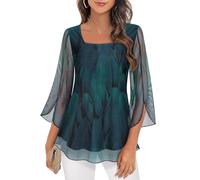 Syphiby Bluse, 3/4-Ärmel mit Volants, lockere Tunika-Passform, quadratischer Ausschnitt aus Mousseline, doppellagig, Größen M bis 3XL, Pfauenblau, 42