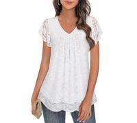 Syphiby Blusen für Frauen Elegant Casual Arbeit Oberteile Damen V-Ausschnitt Dressy Tunika Tragen mit Leggings Floral Büro Kleidung Flowy Frühling Sommer Kurzarmshirt Klassisch Weich Tops Mesh Tunika