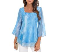 Syphiby Damen-Blusen mit Rüschen, 3/4-Ärmel, Tunika, Top, locker, fließend, quadratischer Ausschnitt, Chiffon, doppellagig, Netzhemden, S-3XL, blau, 42