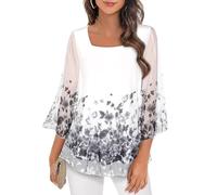 Syphiby Damen Tunika Bluse mit 3/4 Ärmeln mit Volant und quadratischem Ausschnitt, aus Chiffon, doppellagig, Größen M-3XL, M