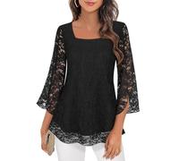 Syphiby Damen Tunika Bluse mit 3/4 Ärmeln mit Volant und quadratischem Ausschnitt, aus Chiffon, doppellagig, Größen M-3XL, L