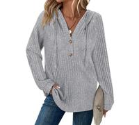Syphiby Hoodies for Women Long Sleeve Tops Drawstring Button V Neck Casual Pullover Sweatshirt Spring Autumn Winter Tunic ClothesS