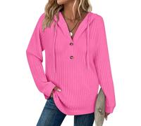 Syphiby Hoodies for Women Long Sleeve Tops Drawstring Button V Neck Casual Pullover Sweatshirt Spring Autumn Winter Tunic Clothes