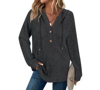 Syphiby Hoodies for Women Long Sleeve Tops Drawstring Button V Neck Casual Pullover Sweatshirt Spring Autumn Winter Tunic Clothes