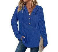 Syphiby Hoodies for Women Long Sleeve Tops Drawstring Button V Neck Casual Pullover Sweatshirt Spring Autumn Winter Tunic Clothes