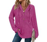 Syphiby Oversized Sweatshirt for Women Long Sleeve Hoodies Womens UK Button V Neck Jumpers Ladies Sweatshirts Hooded Casual Loose Striped Top Winter Tops Rose Pink XXL